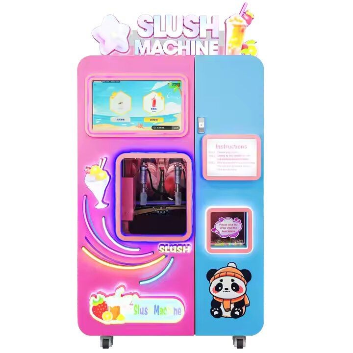 Colorful slush machine with panda design and digital screen display.