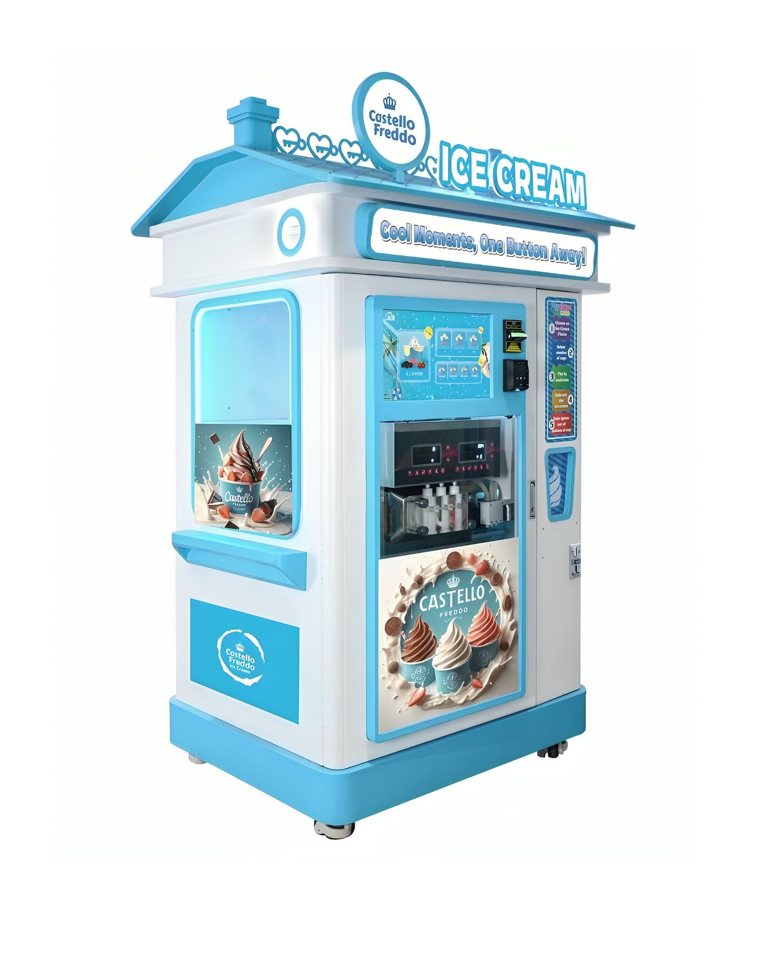 Blue and white ice cream vending machine with digital screen and logo, offering soft serve options.